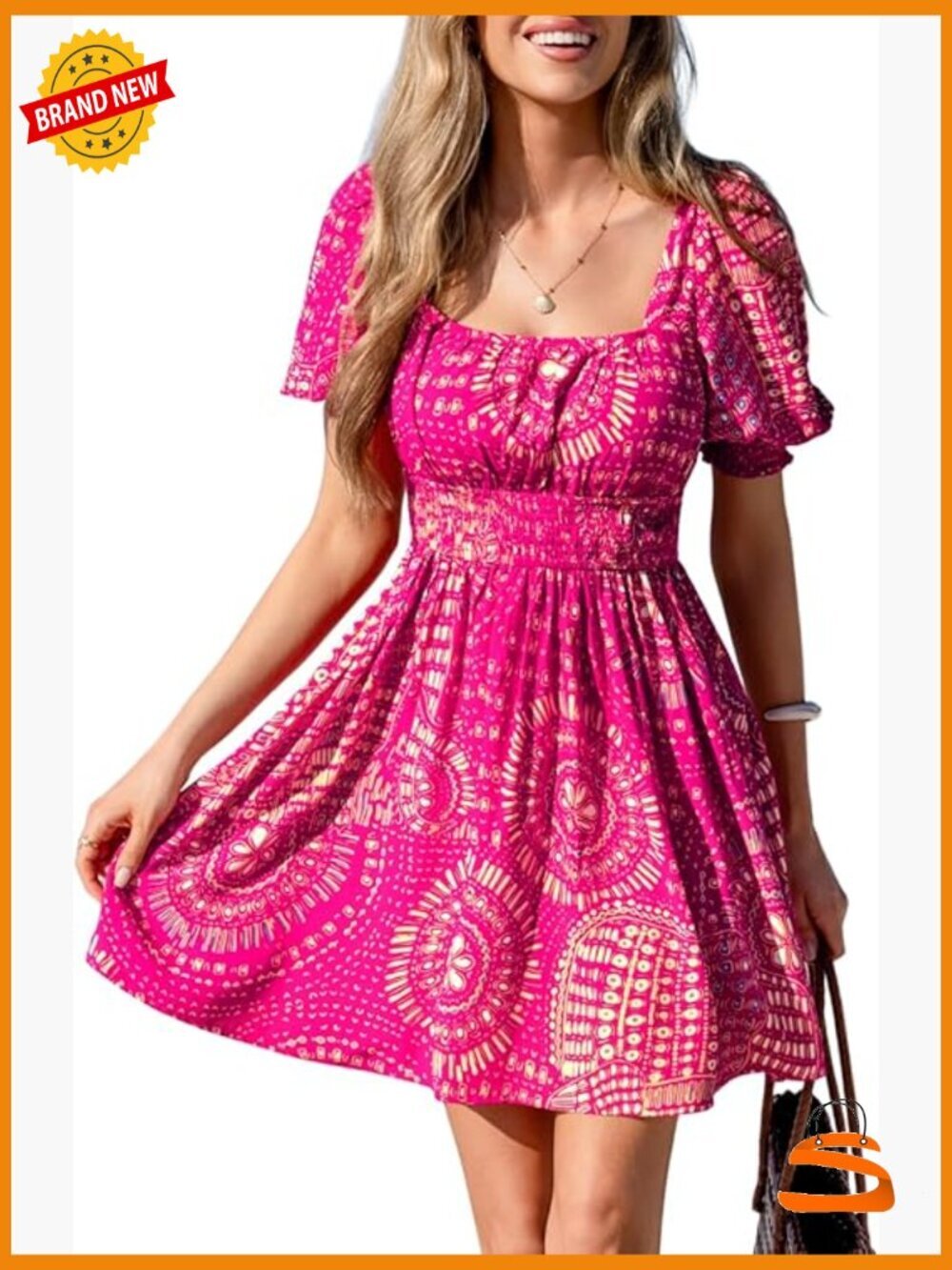 Paisley Square Neck Puff Short Sleeve Mini Dress